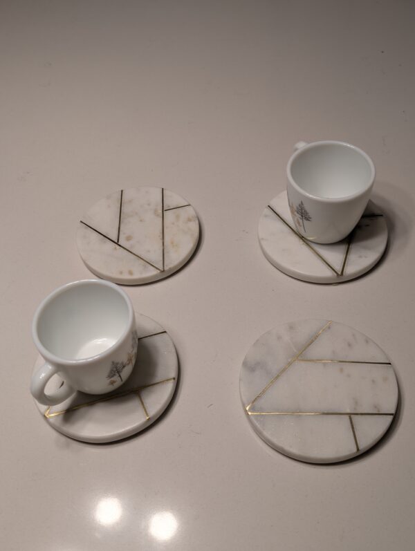 Elegant Marble & Brass Coasters with Porcelain Cups