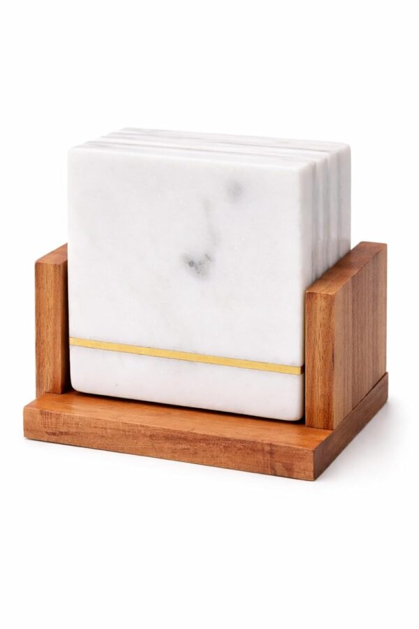White Marble Stone Coaster Set with Acacia Wood Holder
